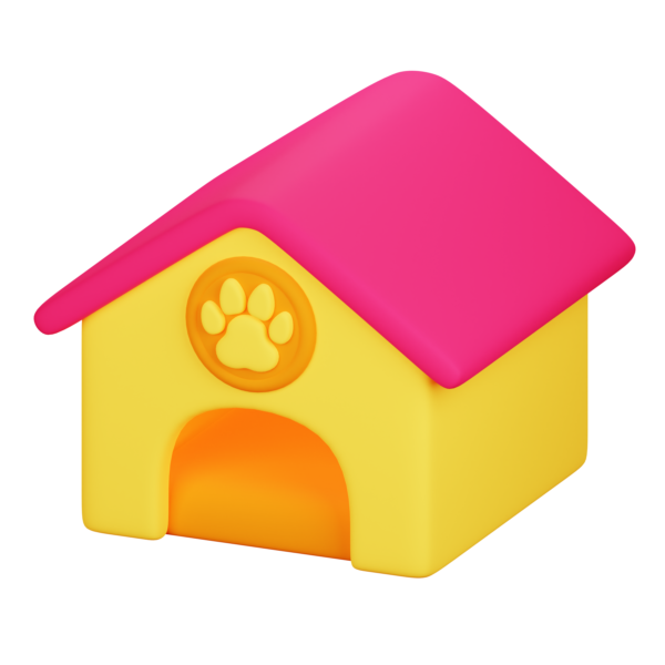yellow dog kennel with pink roof and paw print logo on front